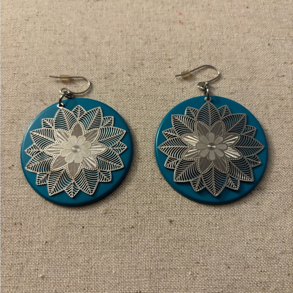 Silver and Blue Floral Earrings